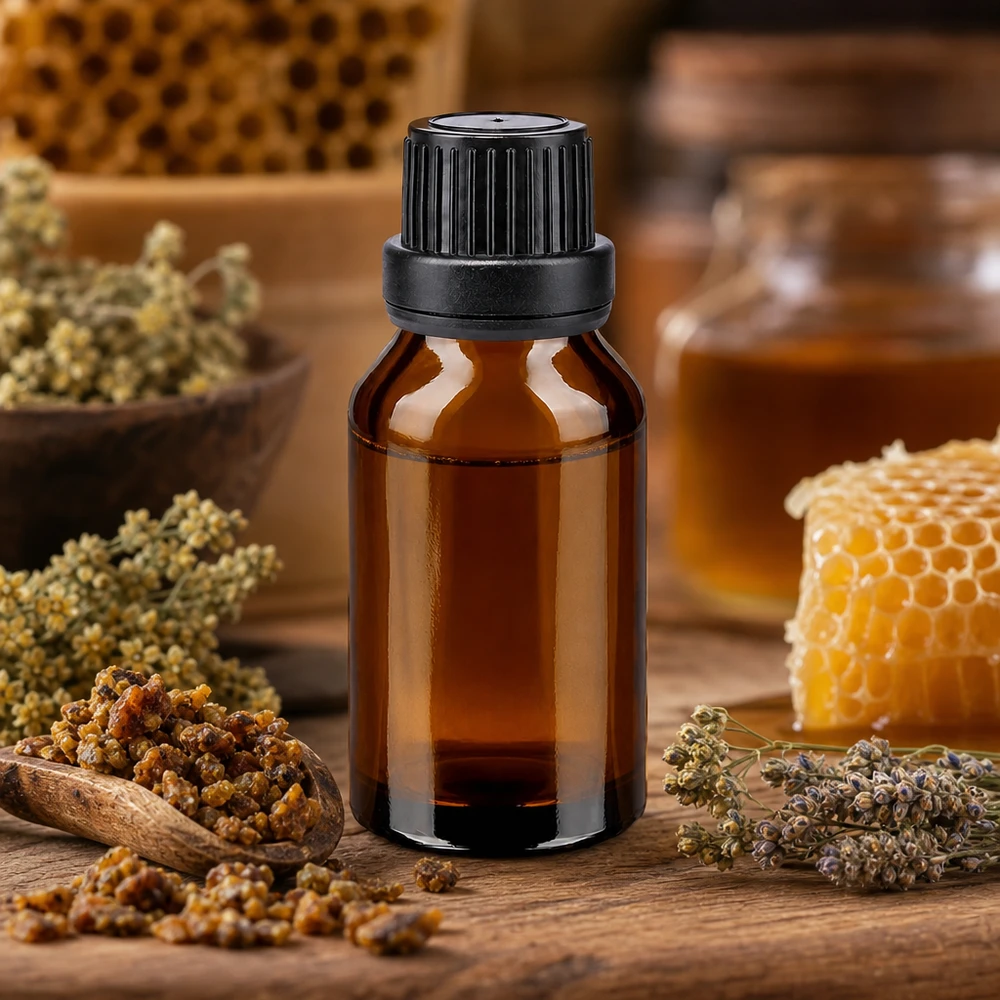 Apotekarflaska i brunt glas, 15 ml, med propolis, honungskakor och medicinalväxter för naturprodukter
