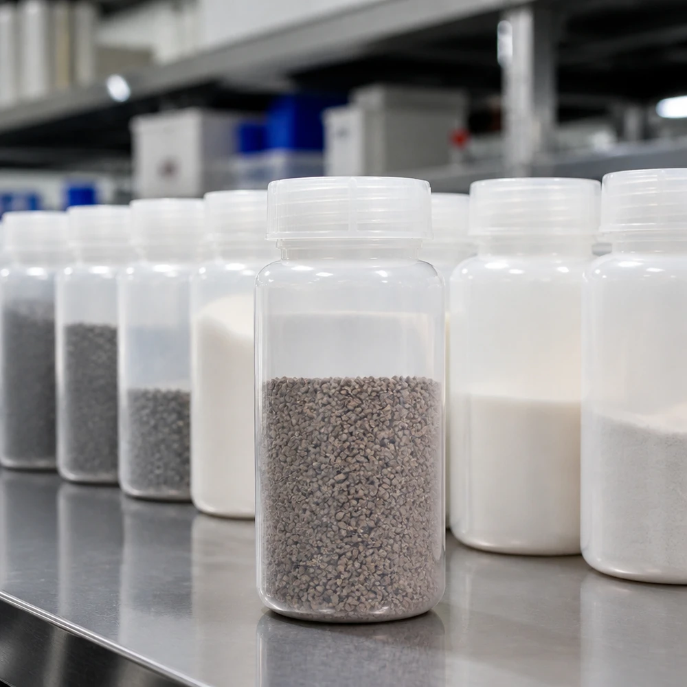 1000 ml laboratorieflaska med vid hals och skruvkork Genomskinlig 1000 ml laboratorieflaska med vid hals och grått granulat bland vita HDPE-laboratorieflaskor på ett metallbord