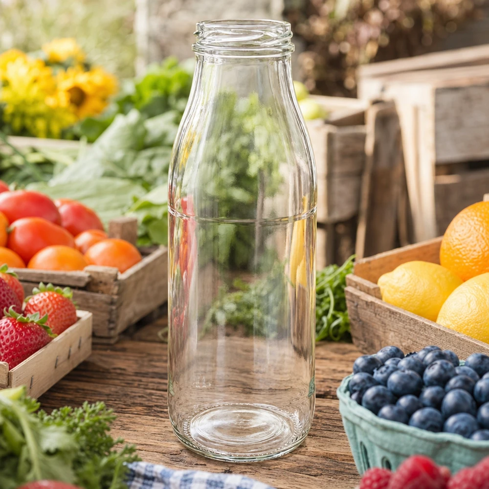 500 ml glasflaska TO48 UNiTWIST tom på ett rustikt träbord omgiven av färsk frukt och grönsaker i trälådor