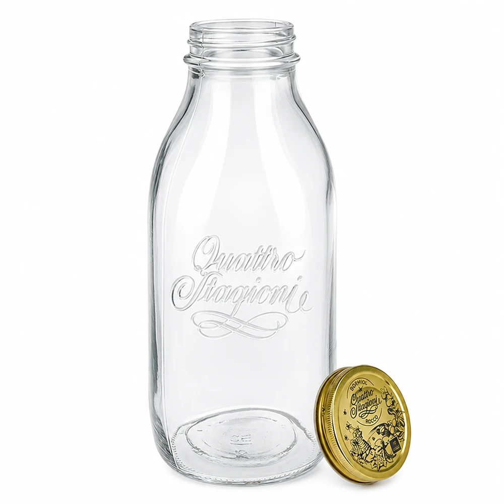 1000ml glasflaska "Quattro Stagioni" med lock Quattro Stagioni glasflaska 1000 ml med avtagbart guldlock, präglade bokstäver, klassisk mjölkflaskdesign