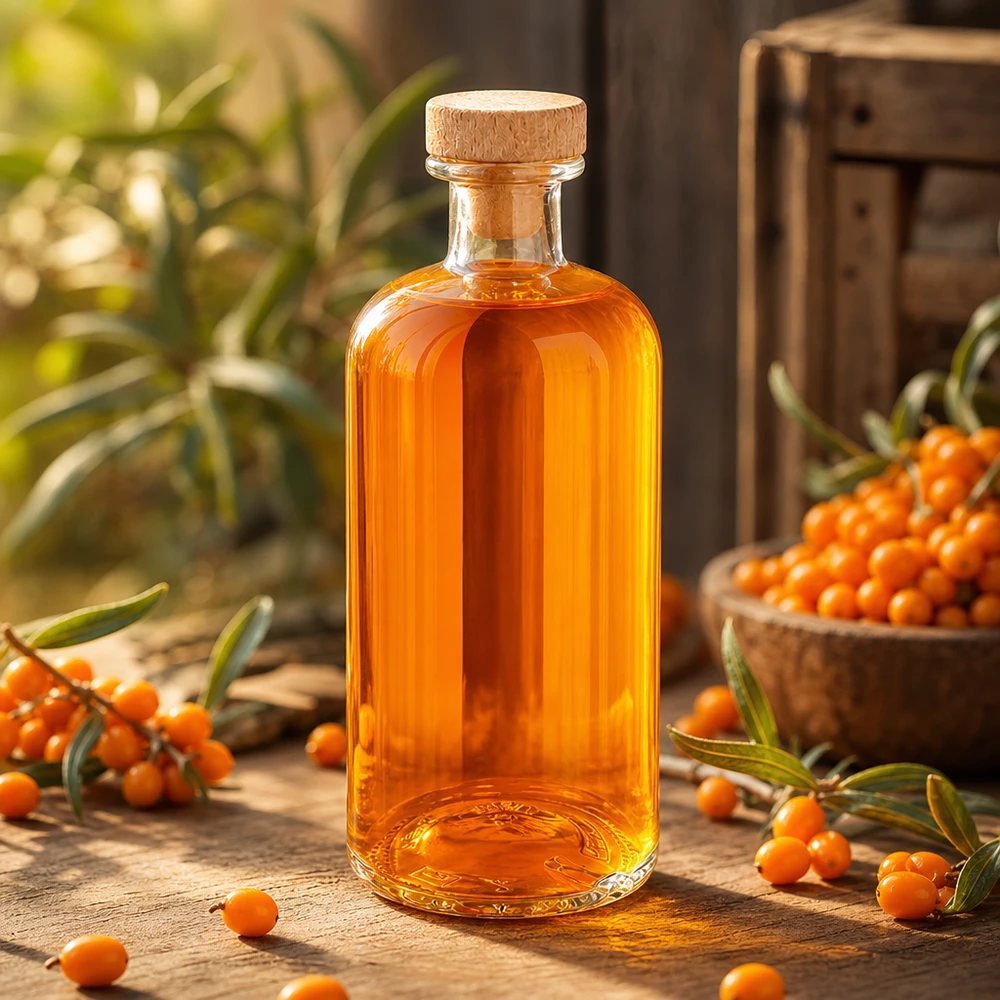 500 ml Apoteksflaska Flora med kork med trähandtag UNiTWIST® 500ml glasflaska Flora med träkork orange havtornsolja mellan havtornsbär på träbord naturprodukt