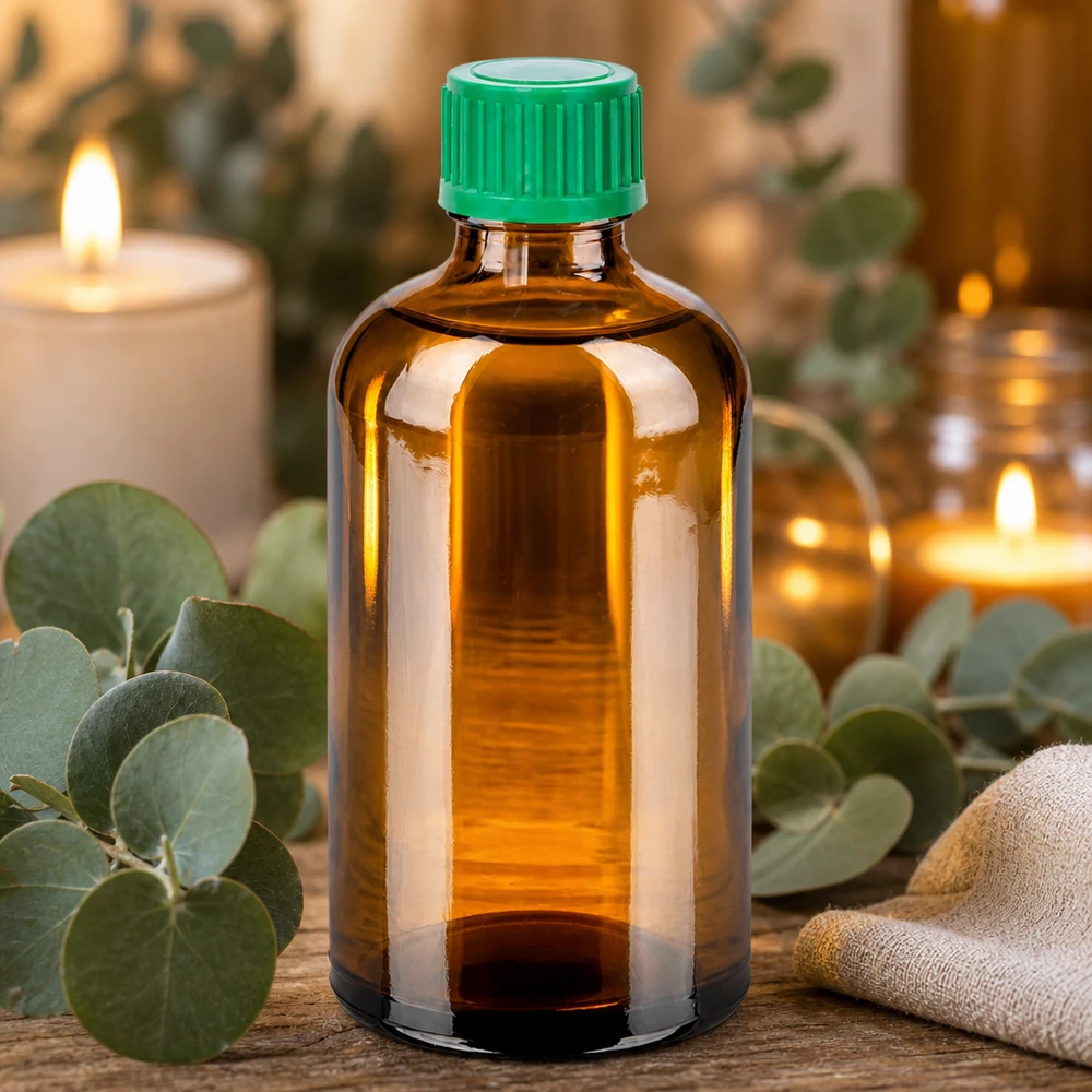 100ml flaska 11mm skruvkork grönt manipuleringssäkert lock BrownLine UT18/100 Brun glasflaska 100ml med grönt lock för eteriska oljor och aromaterapi