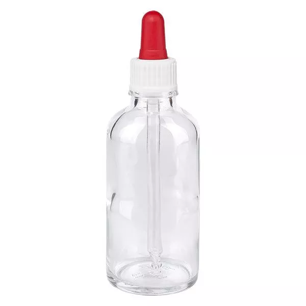 Apoteksflaska klar 50ml pipett vit/röd standard Apoteksflaska klar 50ml pipett vit/röd standard