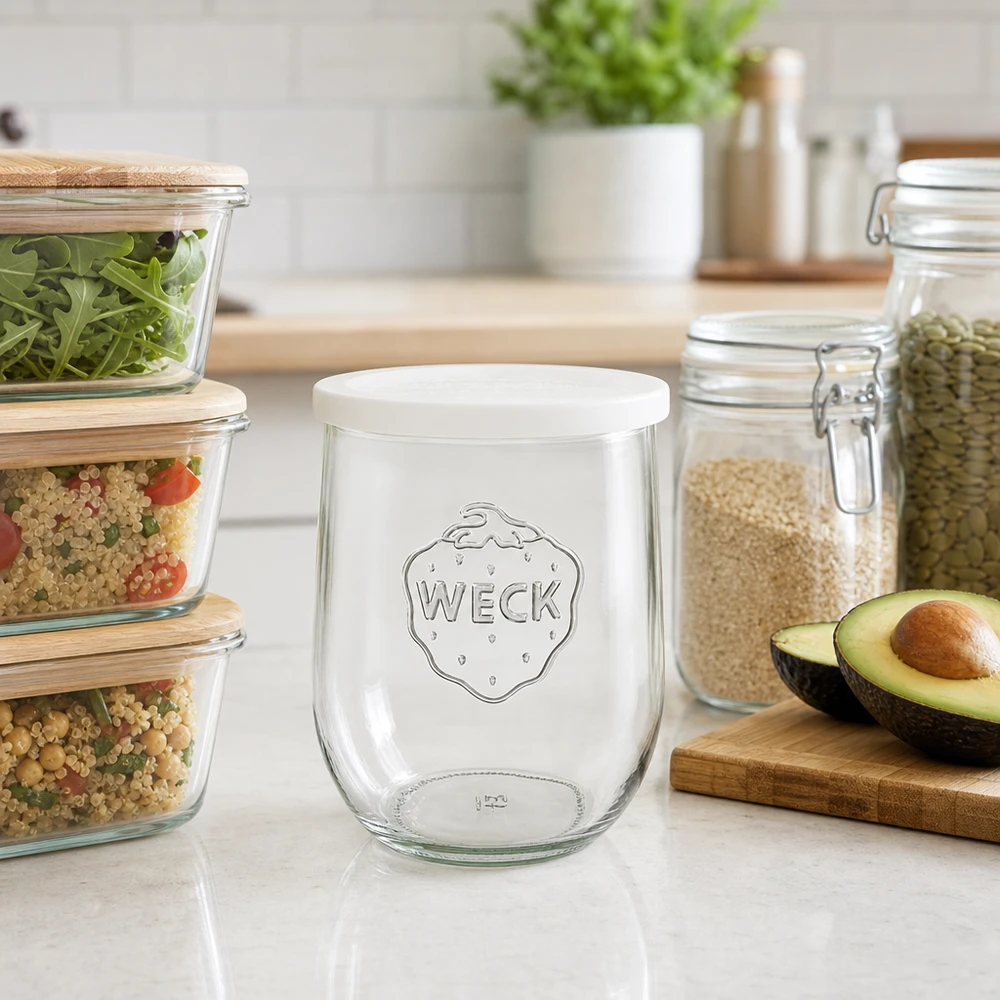 1062ml tulpanburk med färskhetslock WECK RR100 WECK Tulpenglas 1062ml RR100 auf Küchenarbeitsplatte zwischen Vorratsgläsern und Avocado als stilvolles Küchenzubehör