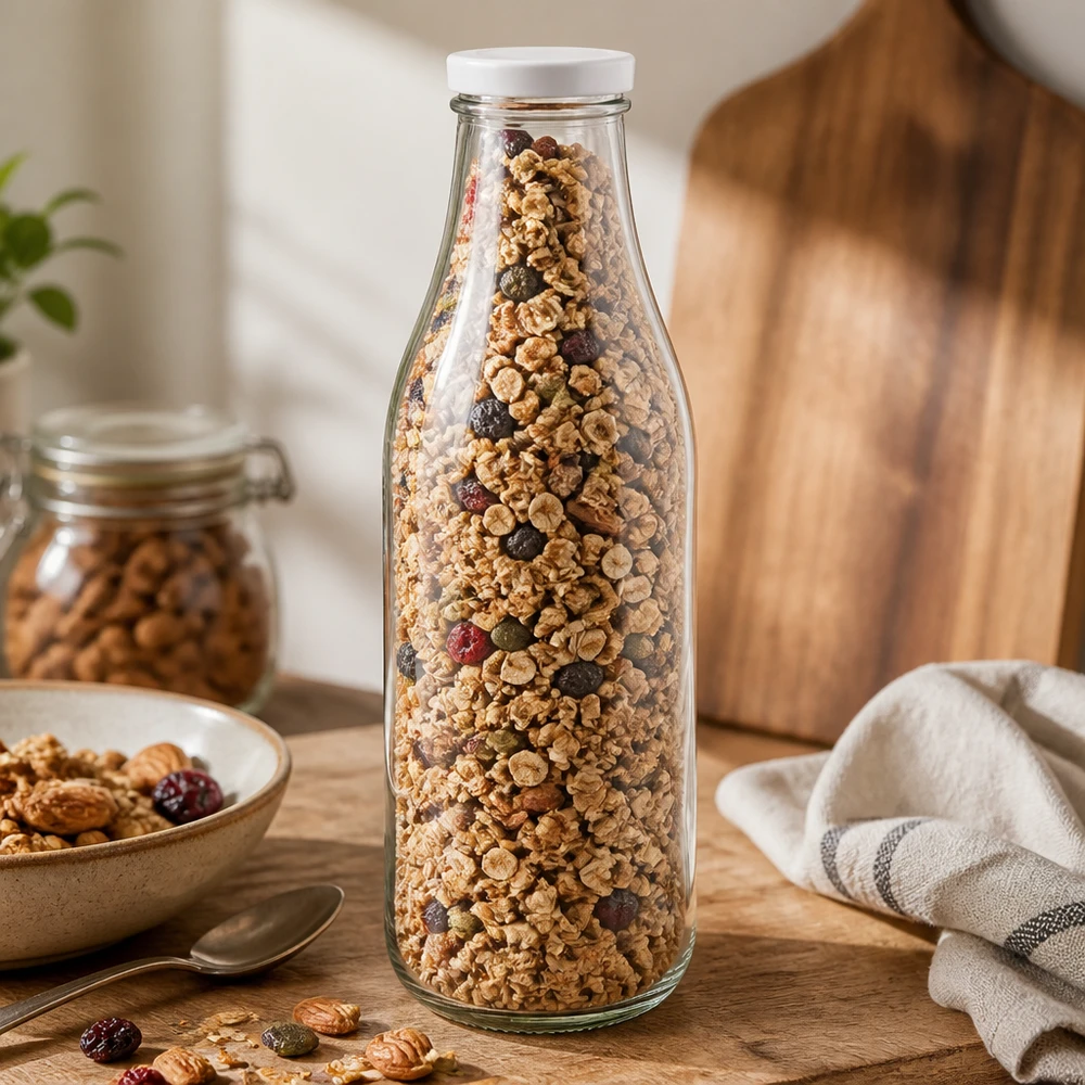 1000 ml glasflaska med BasicSeal-lock vit fylld med müsli granola nötter torkad frukt förvaring