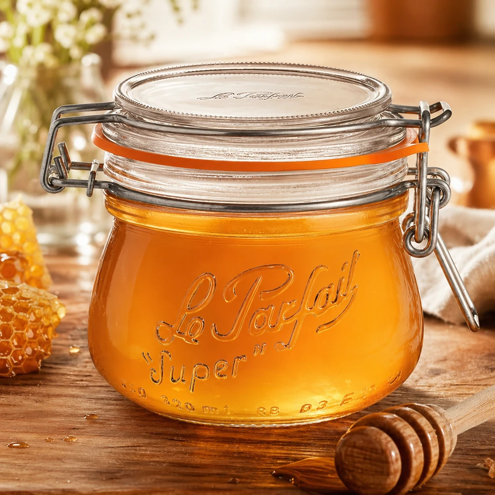 Le Parfait® burk 250 ml Ø70 mm förvaring 250 ml Le Parfait Super förvaringsburk med svängbar topp fylld med honung på träbräda med honungssked
