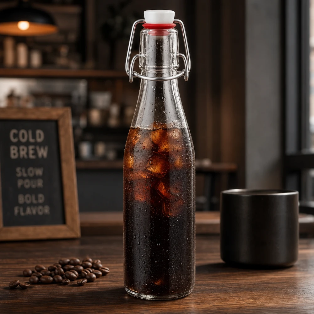 250ml glasflaska + svängbar topp porslin UNiTWIST 250ml Glasflasche mit Bügelverschluss für Cold Brew Kaffee, edle Vintage-Optik mit Kaffeebohnen und schwarzer Tasse