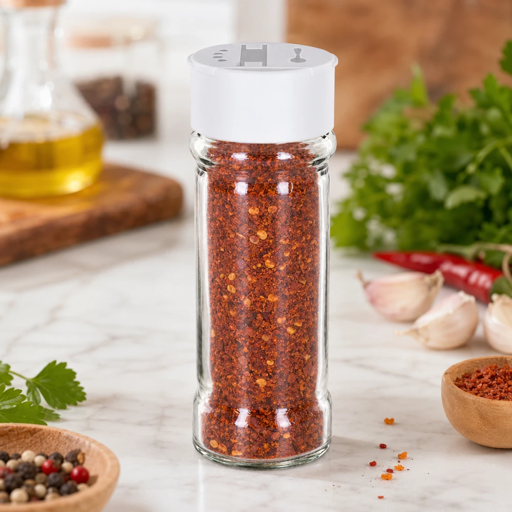 Salt- och kryddburk 100 ml med dubbel ströare, vit Kryddburk på 100 ml fylld med chiliflingor och ett vitt lock med dubbla ströare på en marmorunderlägg
