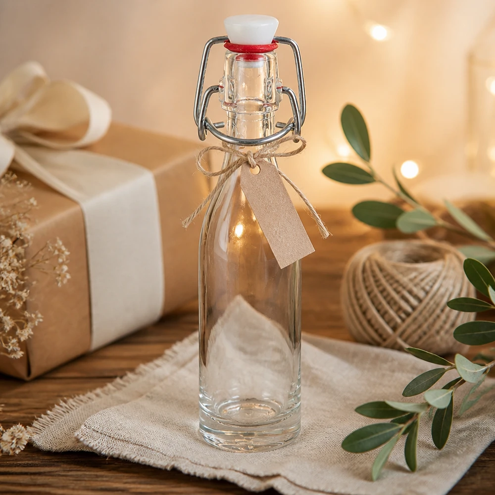 50ml glasflaska + svängbar topp PVC UNiTWIST Dekorativ 50 ml glasflaska med svängbar topp och brunt band i en naturlig miljö