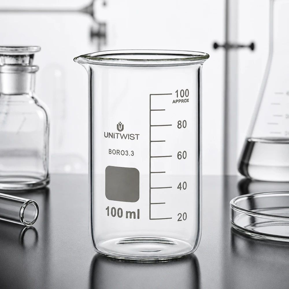 UNITWIST bägare, 100 ml, hög modell, borosilikatglas 3.3, tom, på laboratoriebord med laboratorieutrustning