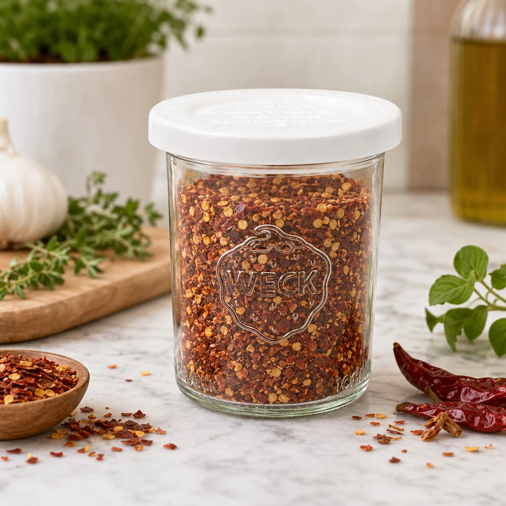 160 ml burk med lock som håller maten färsk, WECK RR60 WECK 160ml Sturzglas RR60 mit Chili-Gewürzmischung gefüllt als Gewürzdose in moderner Küche mit Kräutern