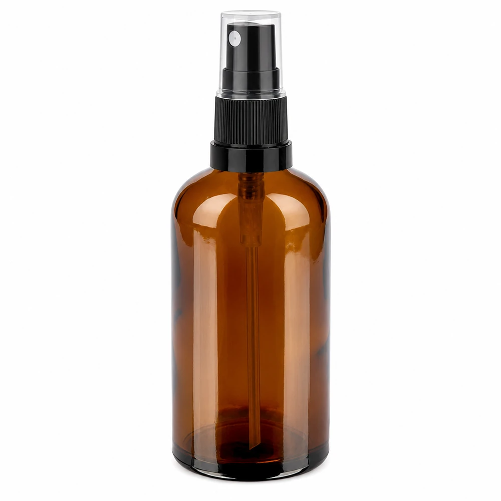 100 ml sprayflaska av brunt glas med svart atomiserare för kosmetika och eteriska oljor