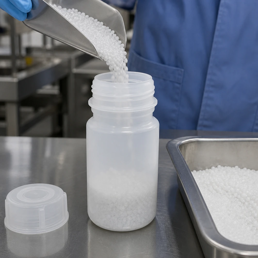 50 ml laboratorieflaska med bred hals och skruvkork 50 ml laboratorieflaska med vid hals av HDPE och skruvlock vid påfyllning av plastgranulat