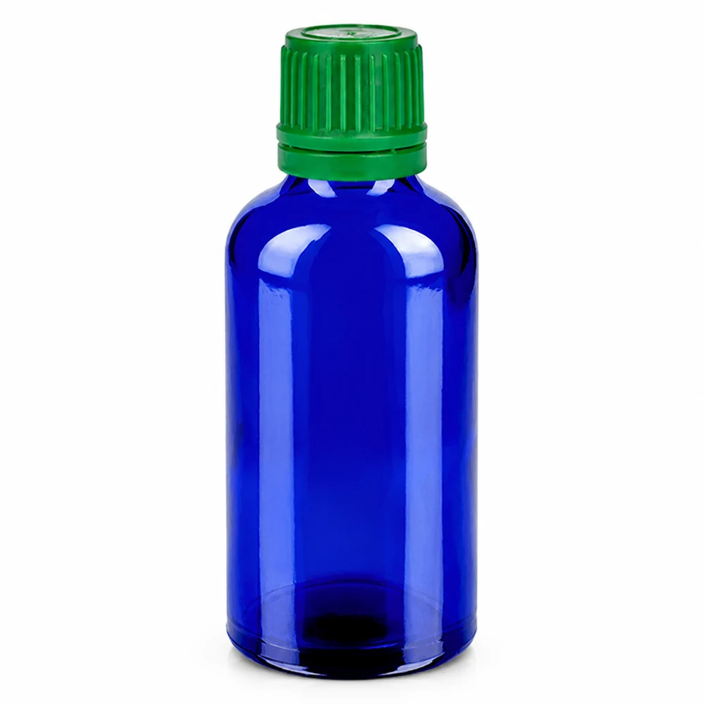 50ml flaska 11mm skruvkork grön med säkerhetsförslutning BlueLine UT18/50 Blå 50 ml glasflaska med grönt skruvlock för eteriska oljor och kosmetika