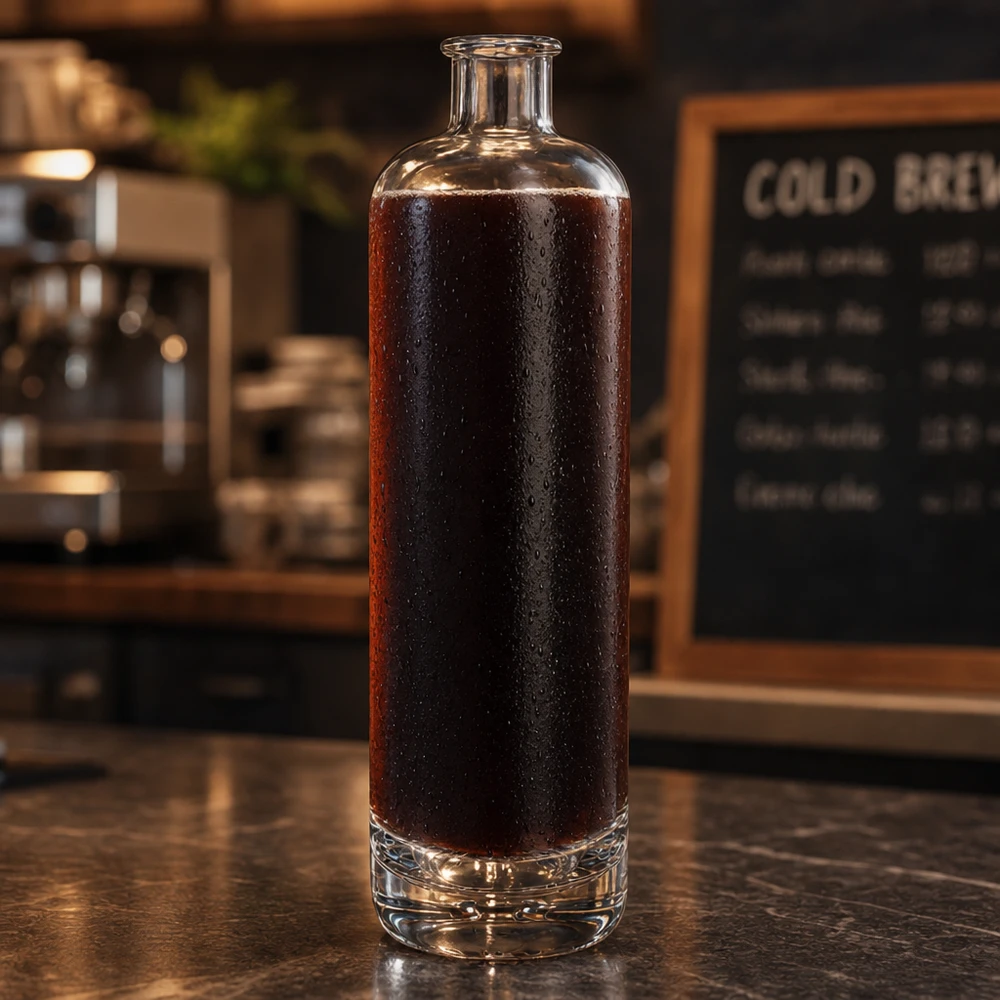 700 ml glasflaska Ella utan lock UNiTWIST® 700 ml glasflaska Ella UNiTWIST fylld med kallbryggt kaffe på en mörk kafédisk med en menytavla i bakgrunden