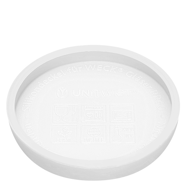 370 ml tulpanburk WECK med vitt silikonlock UNiTWIST silikonlock vitt för WECK-burkar RR80 undersida med tillverkarprägel och produktnamn