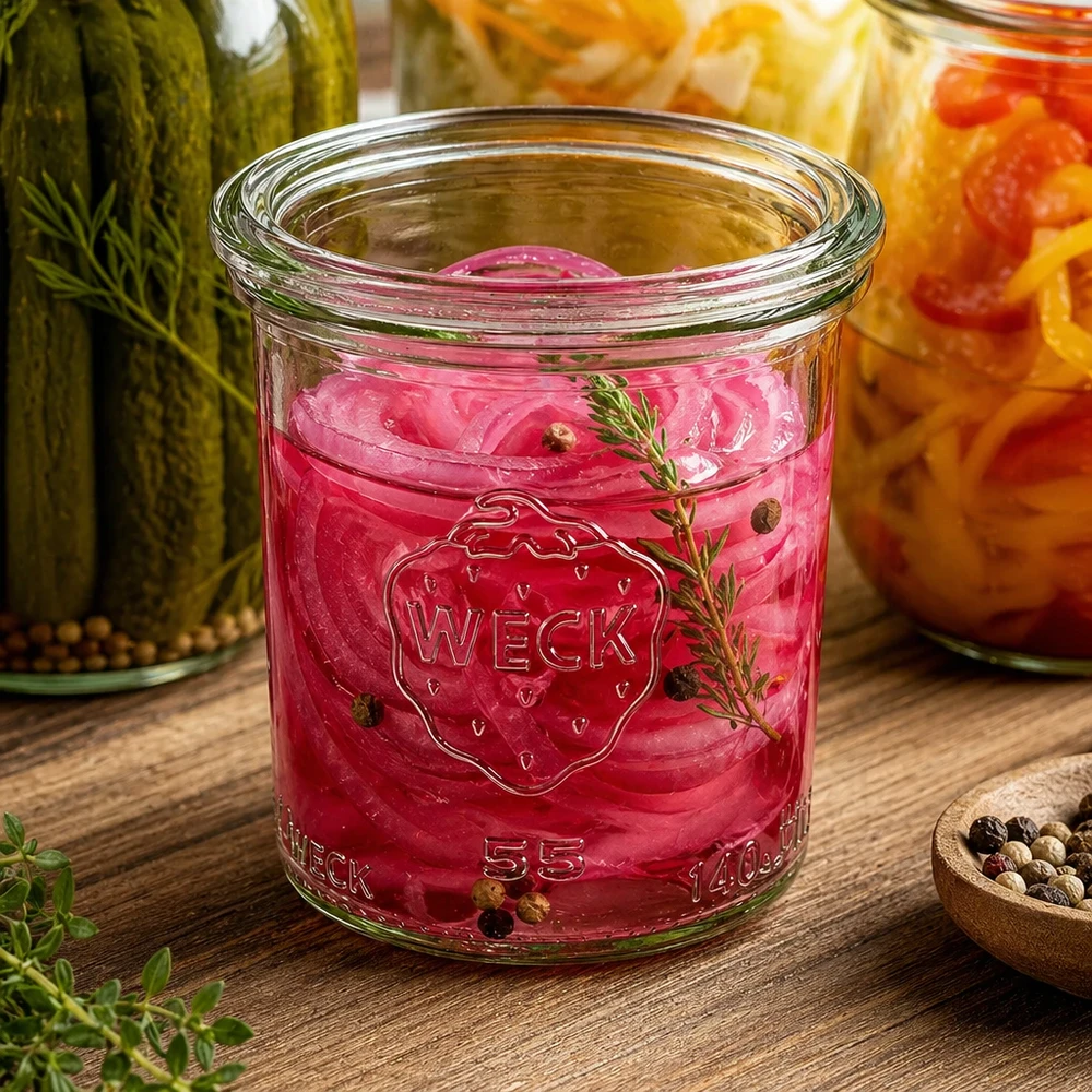 WECK 140 ml burk med glaslock RR60 | Premiumkvalitet WECK Sturzglas 140ml RR60 mit eingelegten roten Zwiebeln Kräutern Pfefferkörnern neben anderen Einmachgläsern
