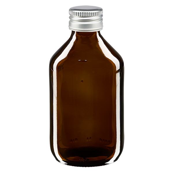 250 ml medicinflaska brun, med silverfärgat aluminiumlock ApoGlas