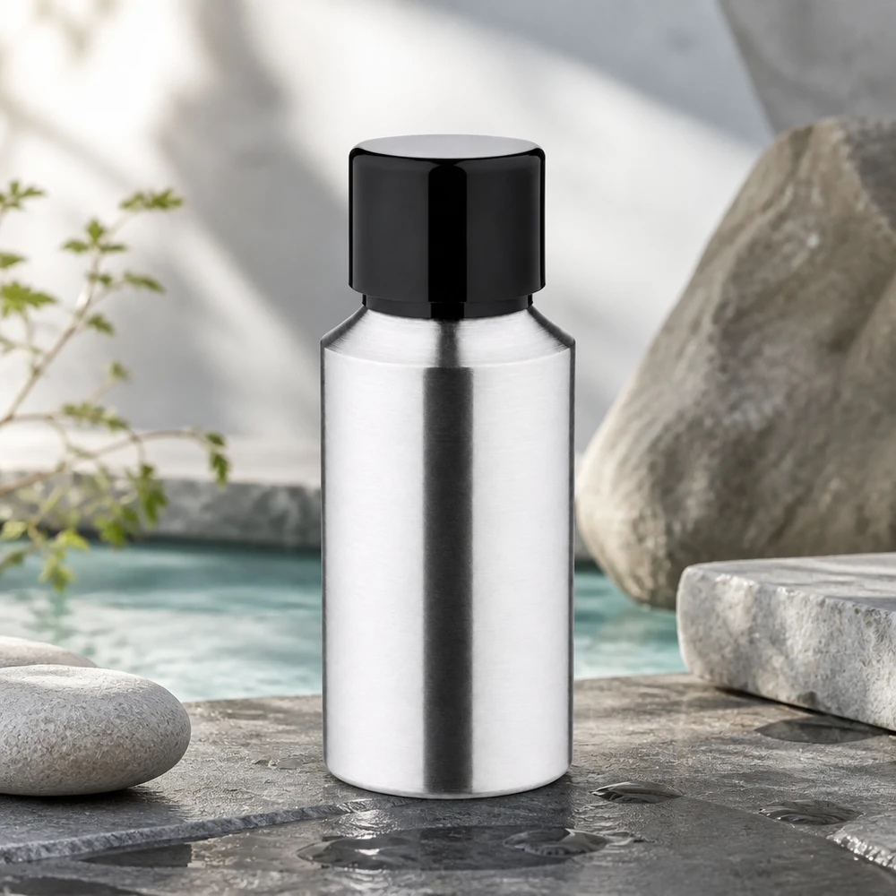 30ml polerad aluminiumflaska med skruvkork Elegant 30 ml aluminiumflaska med glansig yta och svart lock för professionell presentation