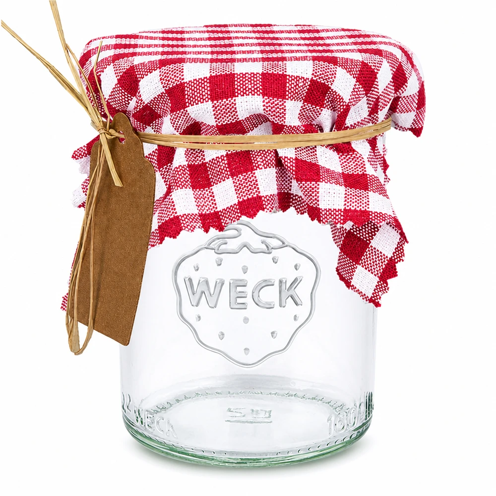 Smyckes servett i tyg med rödbrunt rutmönster, 12 cm i kvadrat Dekorativ duk i tyg bordeaux-rutig 12cm kvadrat på burk med rött gingham-mönster och brun etikett