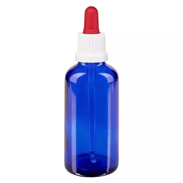 Apoteksflaska blå 50ml pipett vit/röd säkerhetsförslutning Apoteksflaska blå 50ml pipett vit/röd säkerhetsförslutning