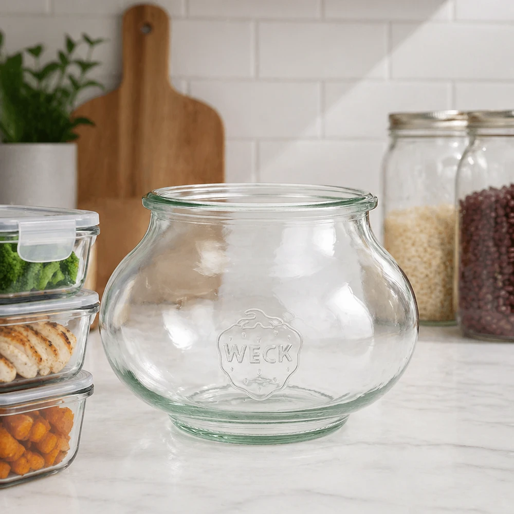 WECK smyckesburk 560ml RR80 i ett modernt kök mellan förvaringsburkar och glasburkar på en vit bänkskiva