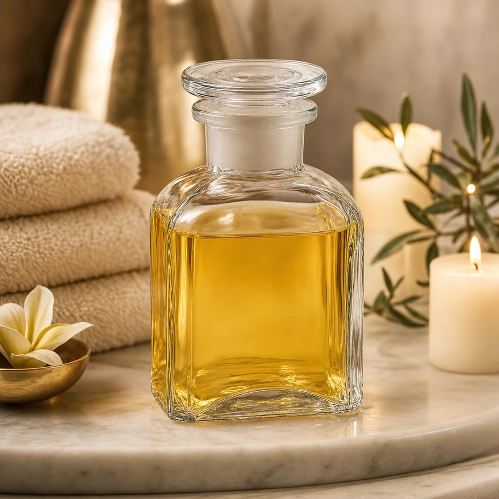Kvadratisk flaska 150ml klar glaspropp med bred hals Genomskinlig fyrkantig flaska på 150 ml med vid hals och glaspropp för massageoljor och aromaterapi