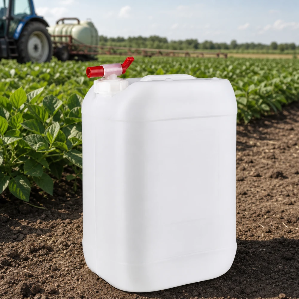 Dunk 25 liter med avtappningskran 25-liters jordbruksdunk med utloppskran på en åker bredvid en traktor med fältspruta