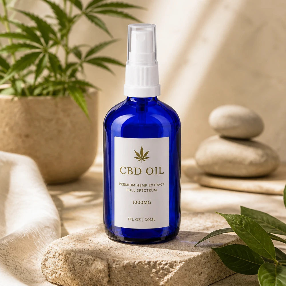 Apoteksflaska blå 100ml spray topp vit Blå sprayflaska på 100 ml i apotekerglas med vit spruthuvud för CBD-olja och naturkosmetik