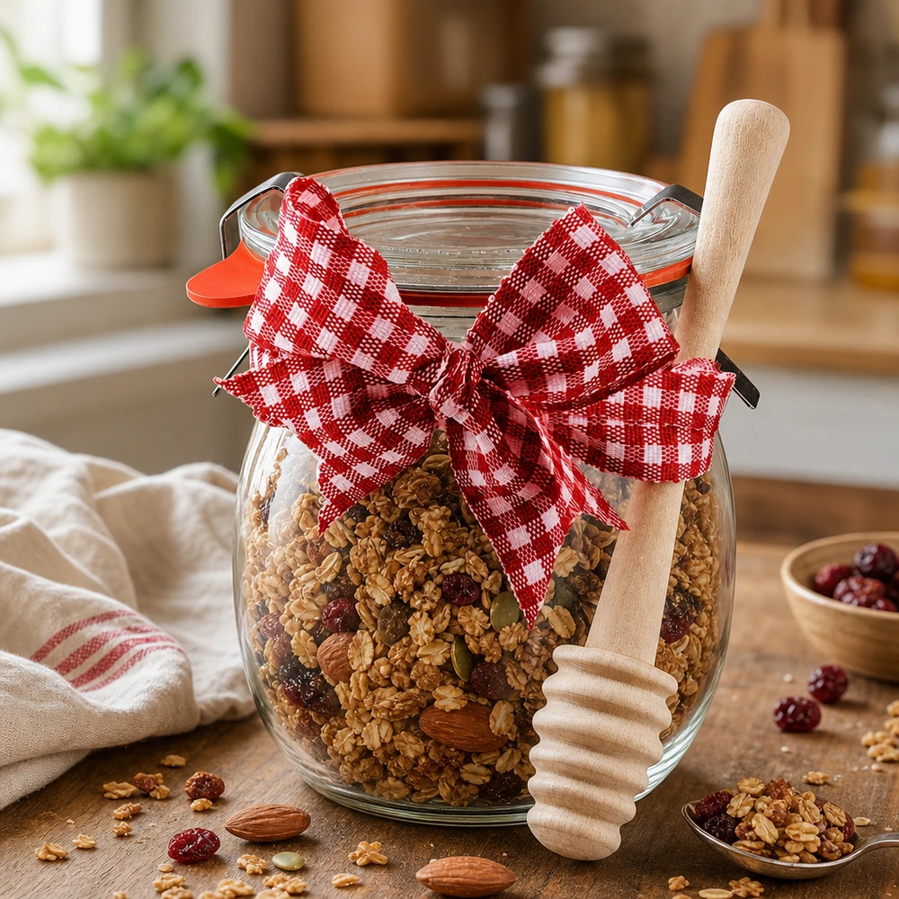 WECK tulpanburk 220ml fylld med müsli och nötter, dekorerad med röd- och vitrutig rosett och honungssked