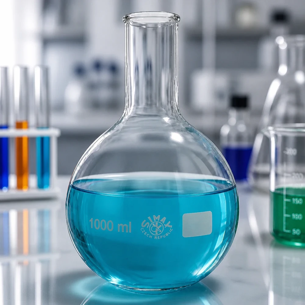 Stående kolv 1000ml smal hals Stående kolv 1000ml med smal hals och blå vätska i en professionell laboratoriemiljö