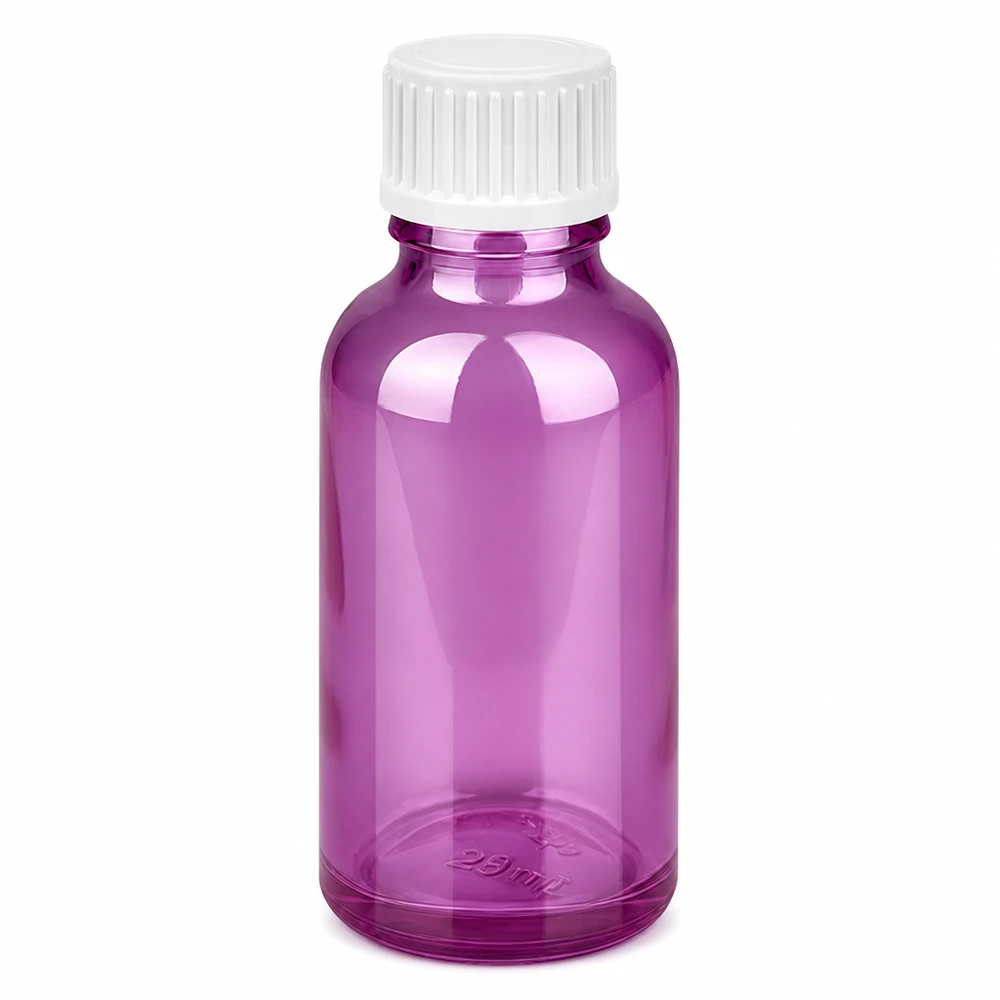 30 ml flaska (glob). 3 mm hällring vit Standard PurpleLine. UT18/30 30 ml glasflaska i ljus violett med vit skruvkork för eteriska oljor