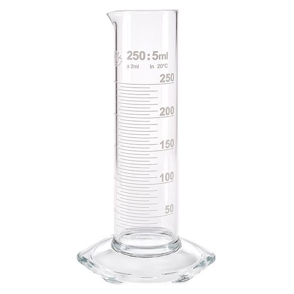 250ml mätcylinder NF tillverkad av glas, vit skala