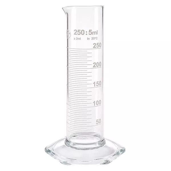 250ml mätcylinder NF tillverkad av glas, vit skala