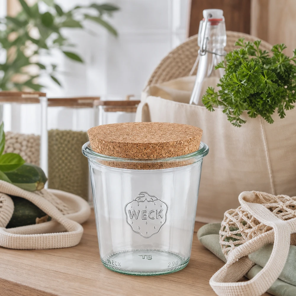 WECK dricksglas 290ml RR80 med naturkork i hållbart nollavfallskök mellan återanvändbara flaskor och tygpåsar