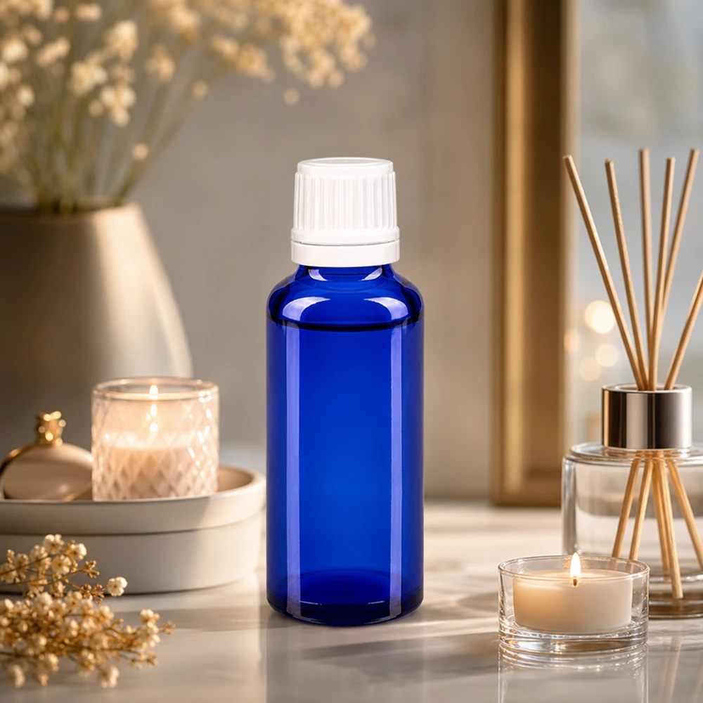 Apoteksflaska blå 30ml droppflaska 1,2mm vit barnsäker förslutning En 30 ml blå glasflaska med vit droppkork på en marmorskiva bredvid ljus och en doftpinnare