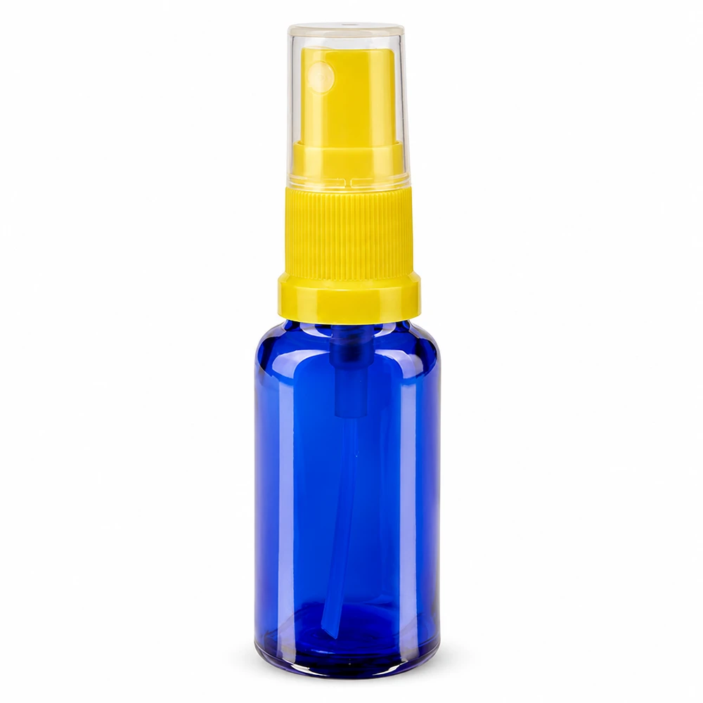 Apoteksflaska blå 20ml spraytillsats gul 20 ml blå glasflaska med sprayhuvud, gul sprutmunstycke och genomskinligt skyddslock, ApoGlas STD