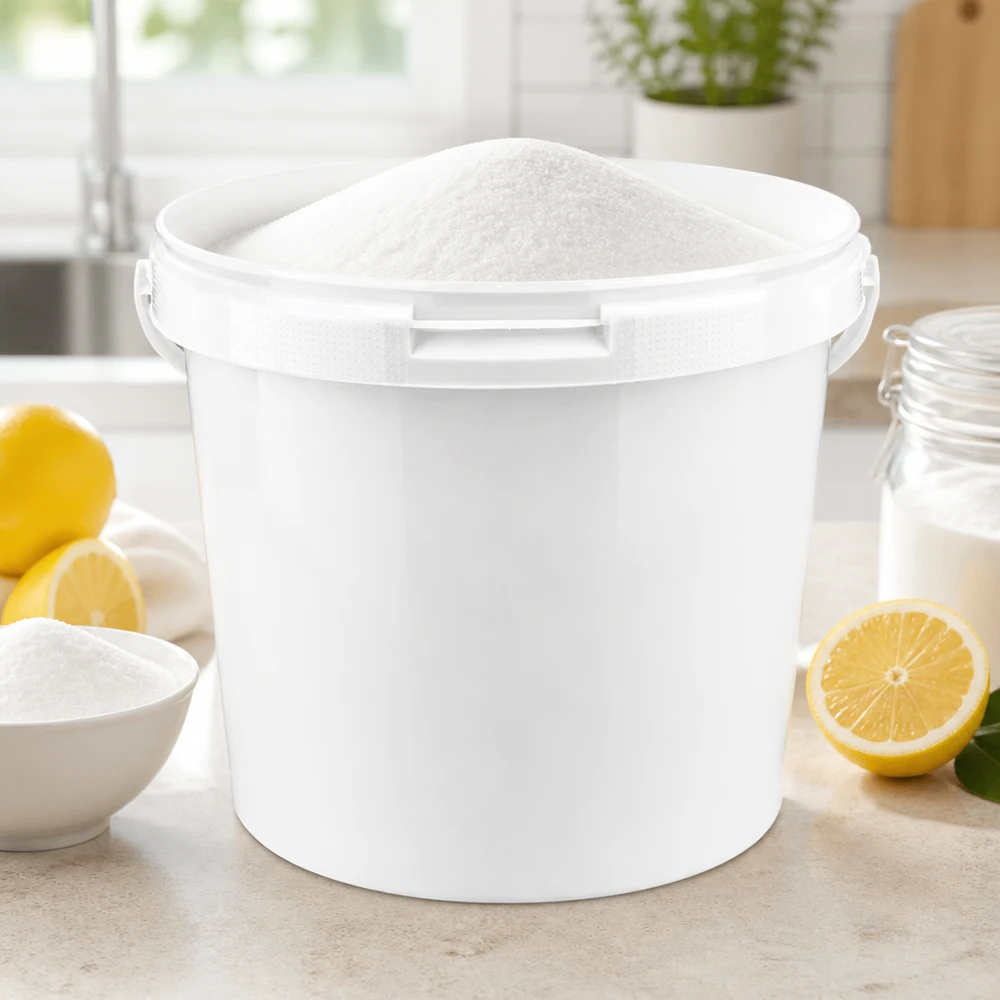 Hink 5.6L av vit polypropenplast utan lock Öppen 5,6-liters hink av vit PP-plast med pulverformigt innehåll i köket