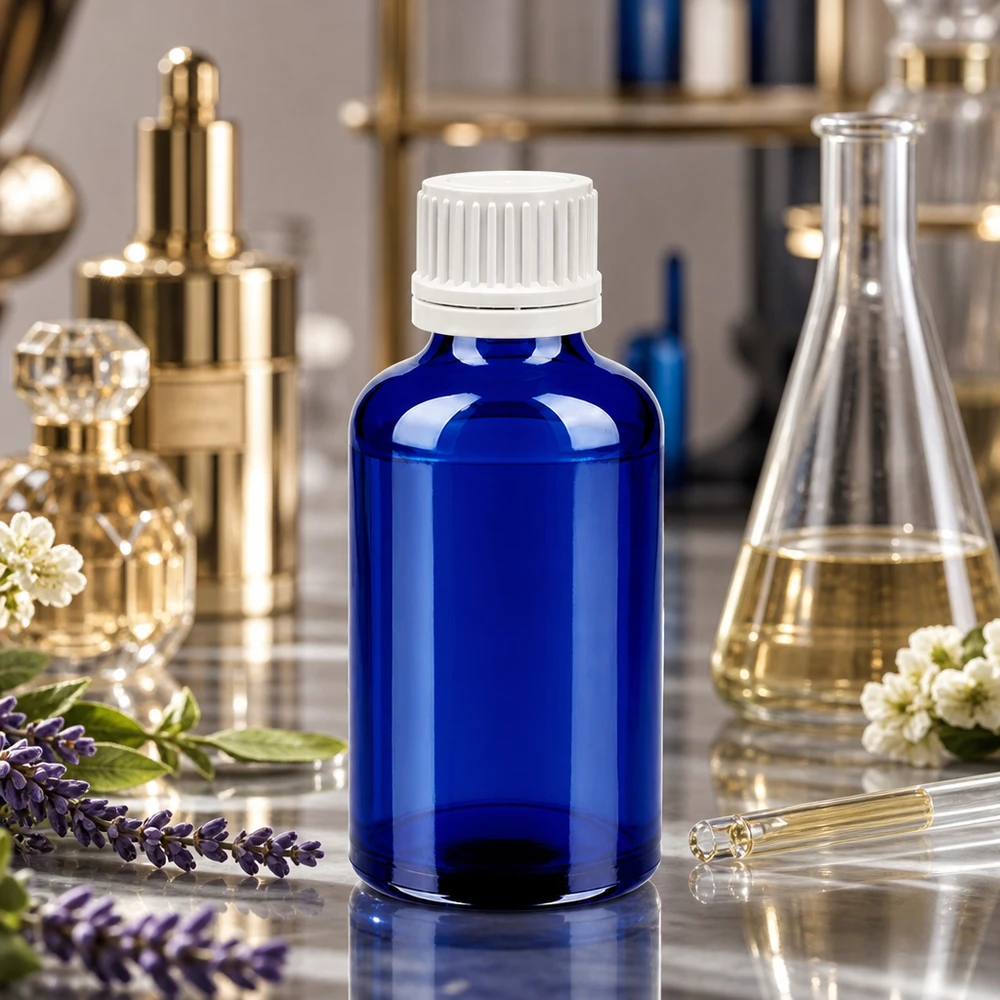 50 ml Droppflaska 0,7 mm vit med säkerhetsförslutning BlueLine UT18/50 50 ml droppflaska i blått glas med vitt skruvlock för professionella aromaterapitillämpningar