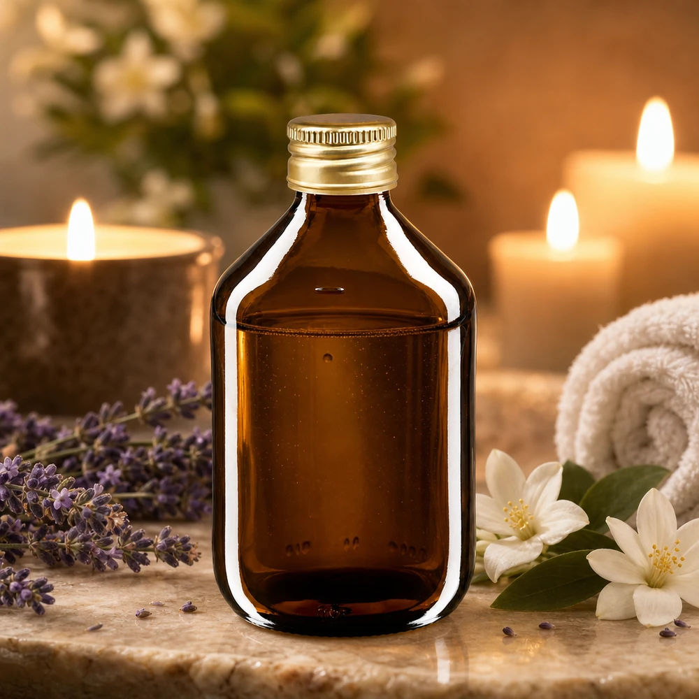300 ml medicinflaska brun, med guldfärgat aluminiumlock ApoGlas Mörkbrun medicinflaska 300 ml med elegant aluminiumlock, idealisk för aromaterapi