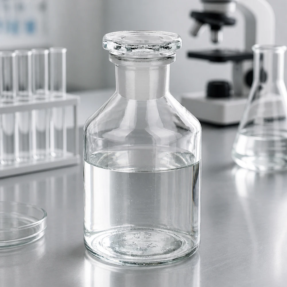 Liten laboratorieflaska på 50 ml med smal hals och slipad propp på ett bord av rostfritt stål