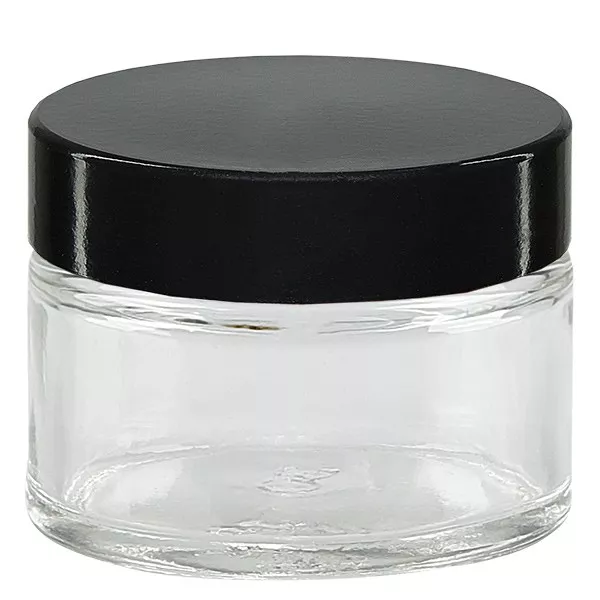 Glasburk 15 ml klar, med svart lock av bakelit. Glasburk 15 ml klar, med svart lock av bakelit.