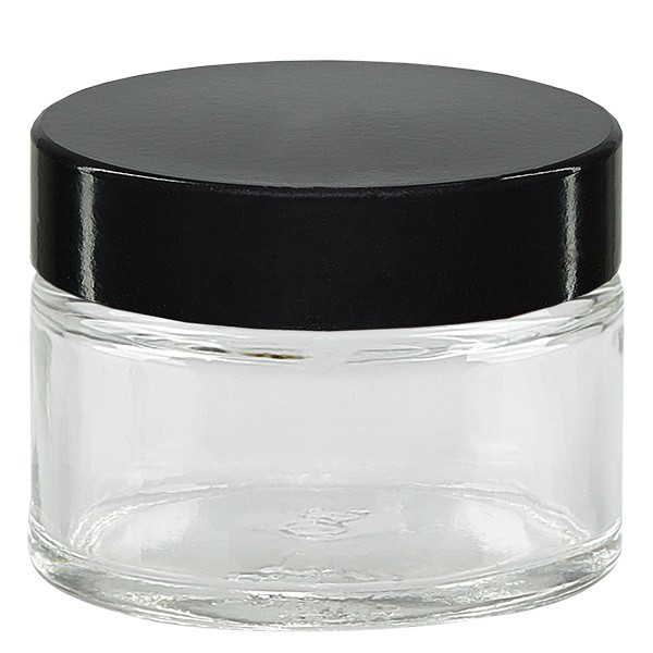 Glasburk 15 ml klar, med svart lock av bakelit. Glasburk 15 ml klar, med svart lock av bakelit.