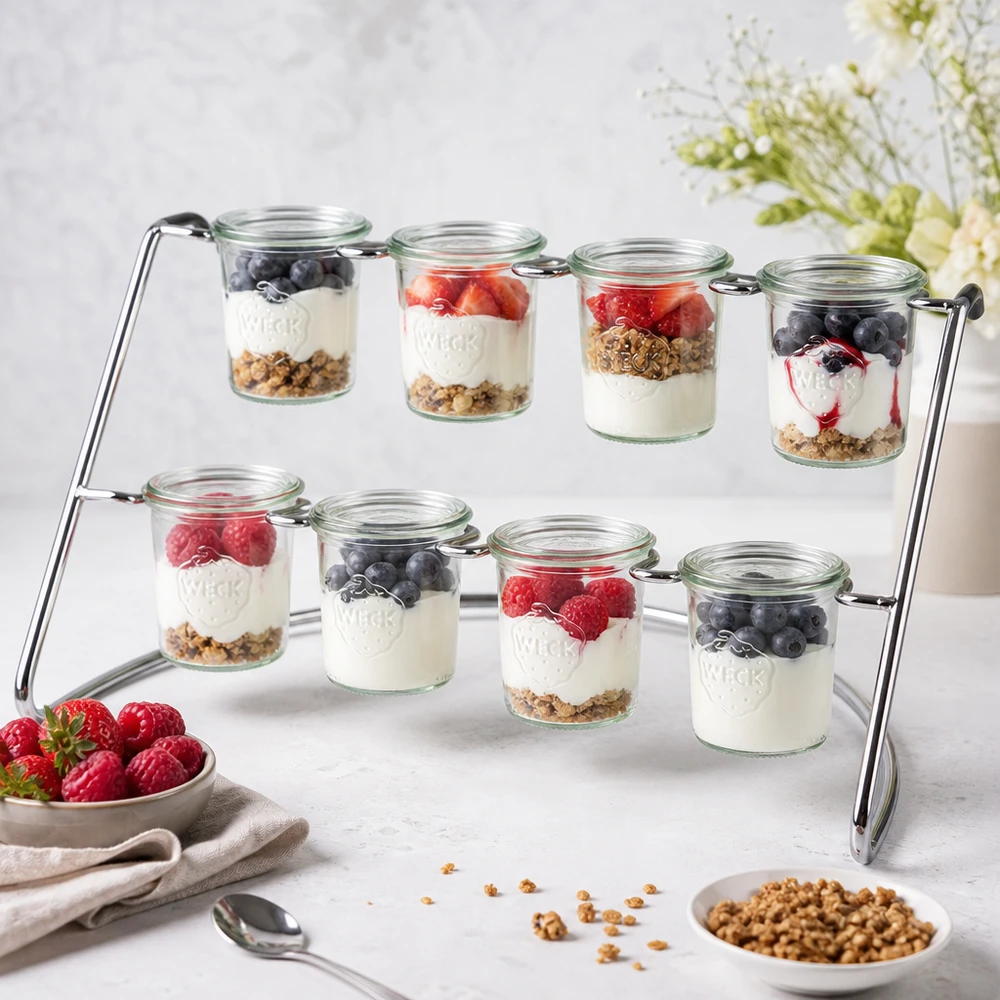 Flato8 serveringsställ med yoghurtparfait och bär i WECK-burkar som dessertbuffé på en vit marmortallrik