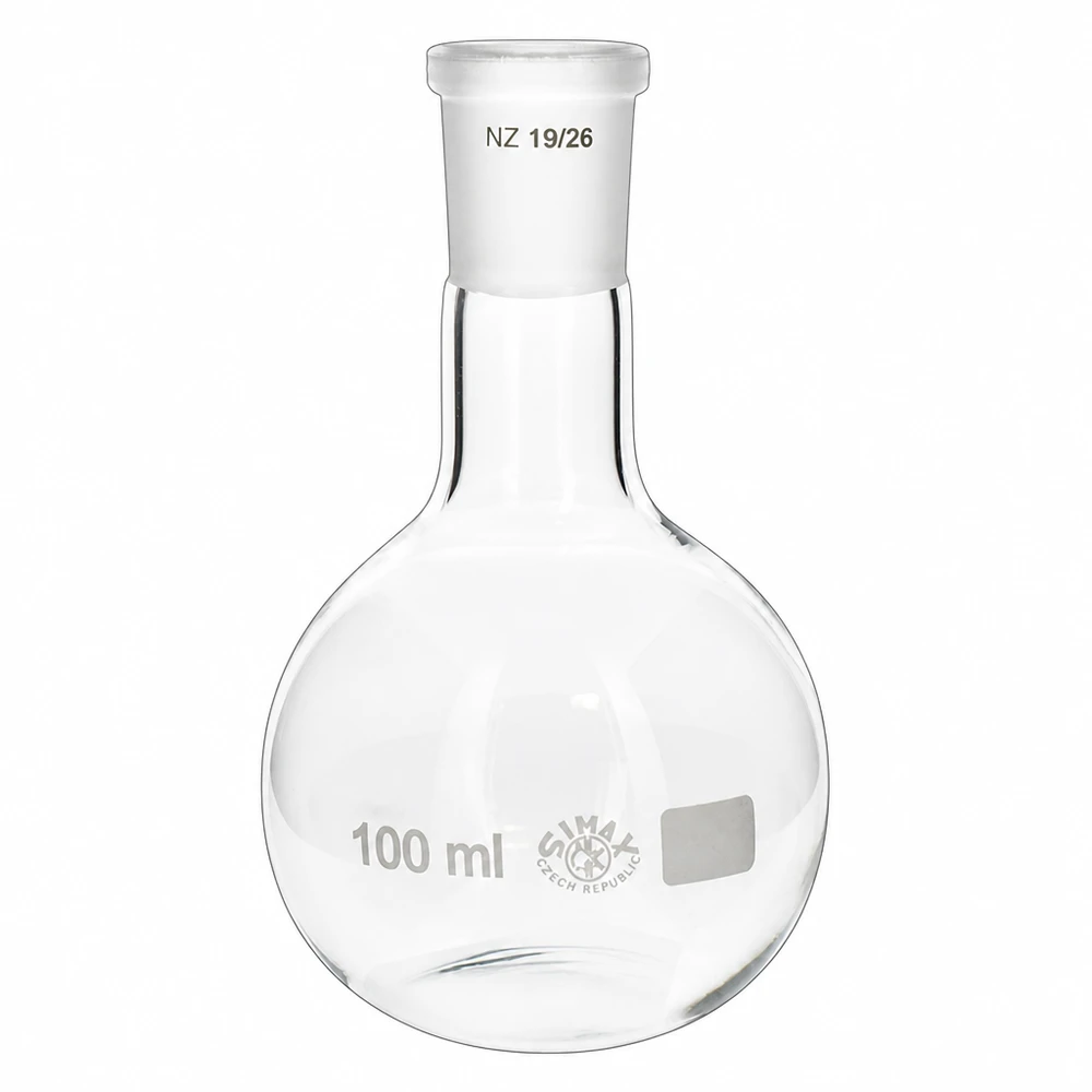 Höftkolv 100ml med standardslipad fog (19/26) Stående kolv 100ml med standard slipad fog 19/26 tillverkad av klart borosilikatglas för laboratorieändamål