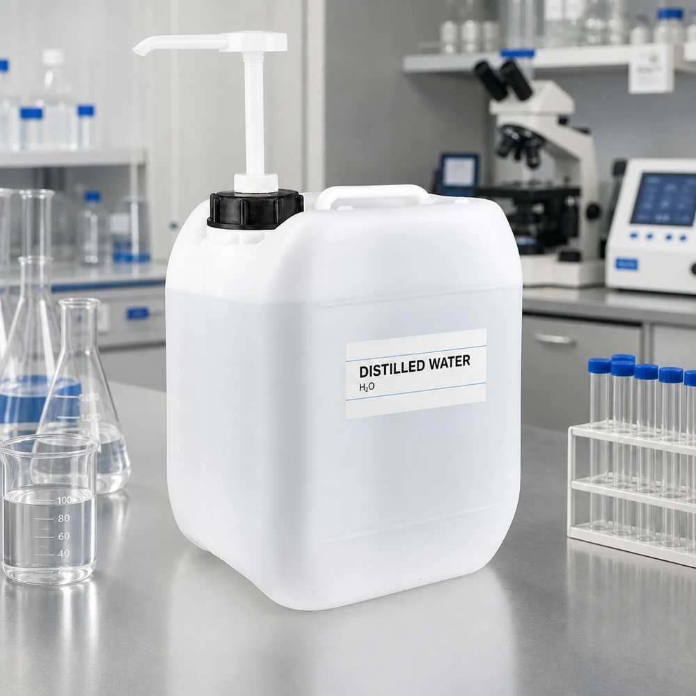 Dunk 5 liter med doseringspump 5-liters laboratoriekanister med pump, fylld med destillerat vatten, på en arbetsbänk av rostfritt stål