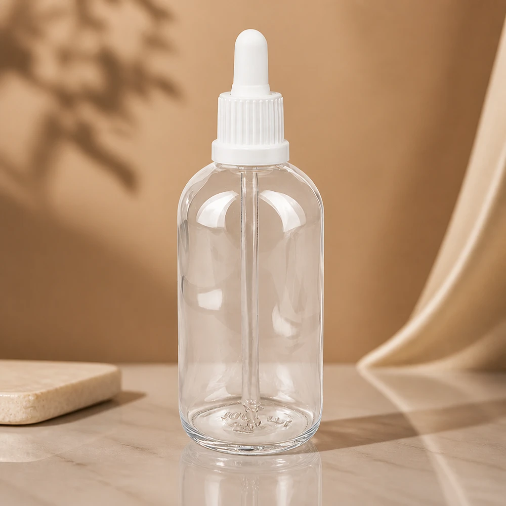 100 ml pipettflaska vit med säkerhetsförslutning ClearLine UT18/100 100 ml ClearLine-flaska med vit pipett OV UT18 för serum och kosmetika
