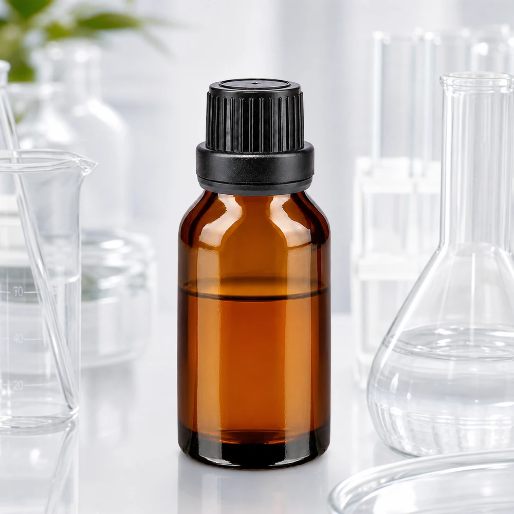 Brun glasflaska på 15 ml med barnsäker skruvkork och originalpackning för laboratoriebruk
