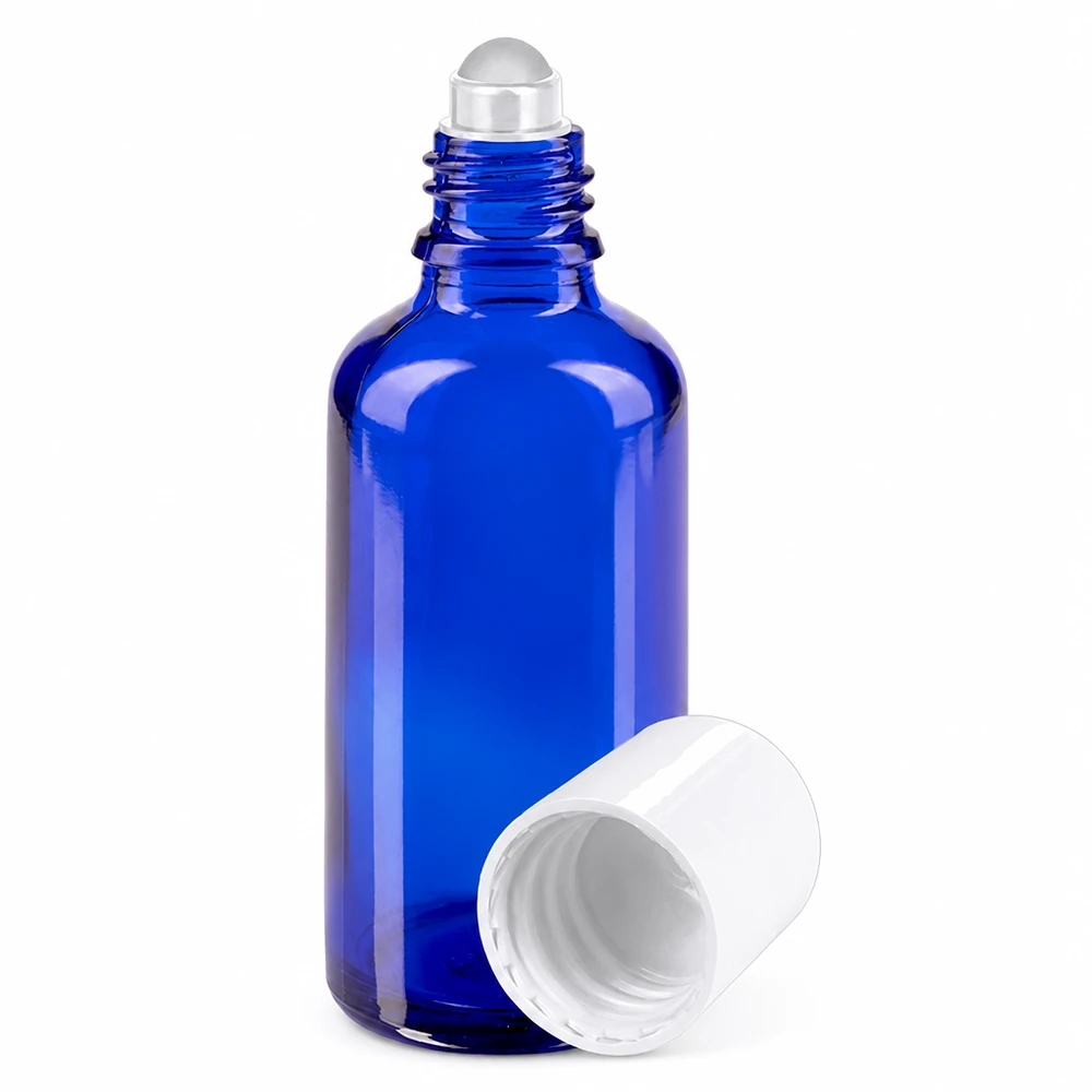 Apoteksflaska blå 50ml roll-on lock vit 50 ml blå roll-on-flaska av apoteksglas med vitt lock och applikator med rullkula