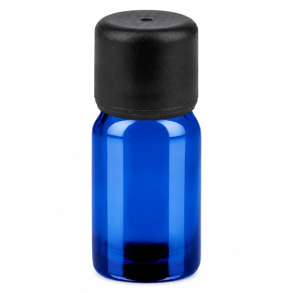 5 ml glasflaska blå med svart lock för eteriska oljor och aromaterapi